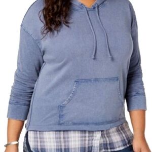Blue Hoodie with Plaid Detail
